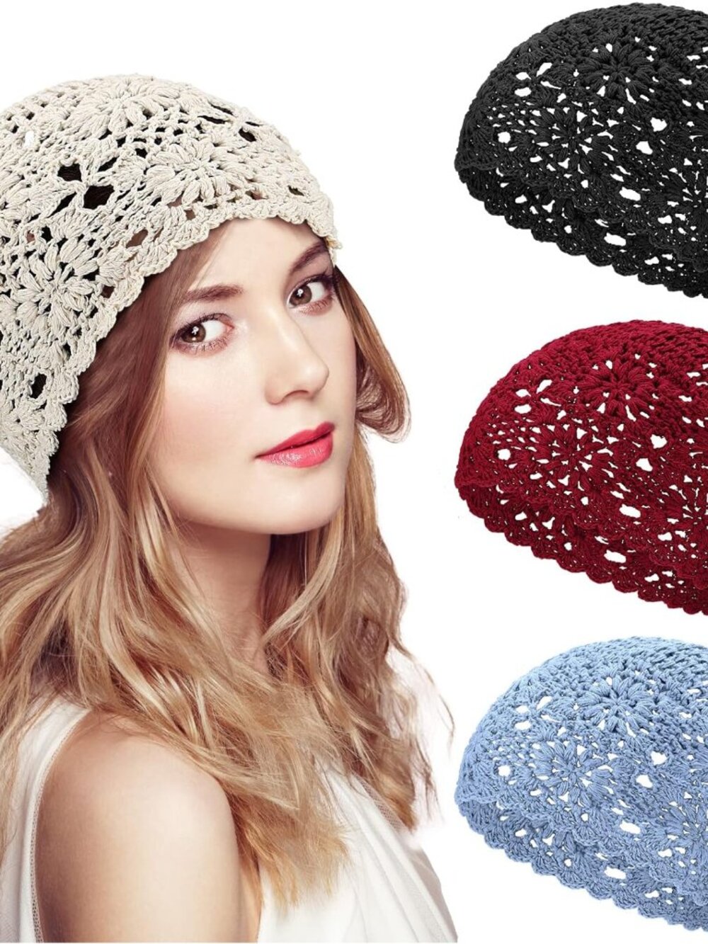 4 Pcs Women Crochet Slouchy Beanie Hat 2026 Summer Fall Handmade Knit Floral Pol